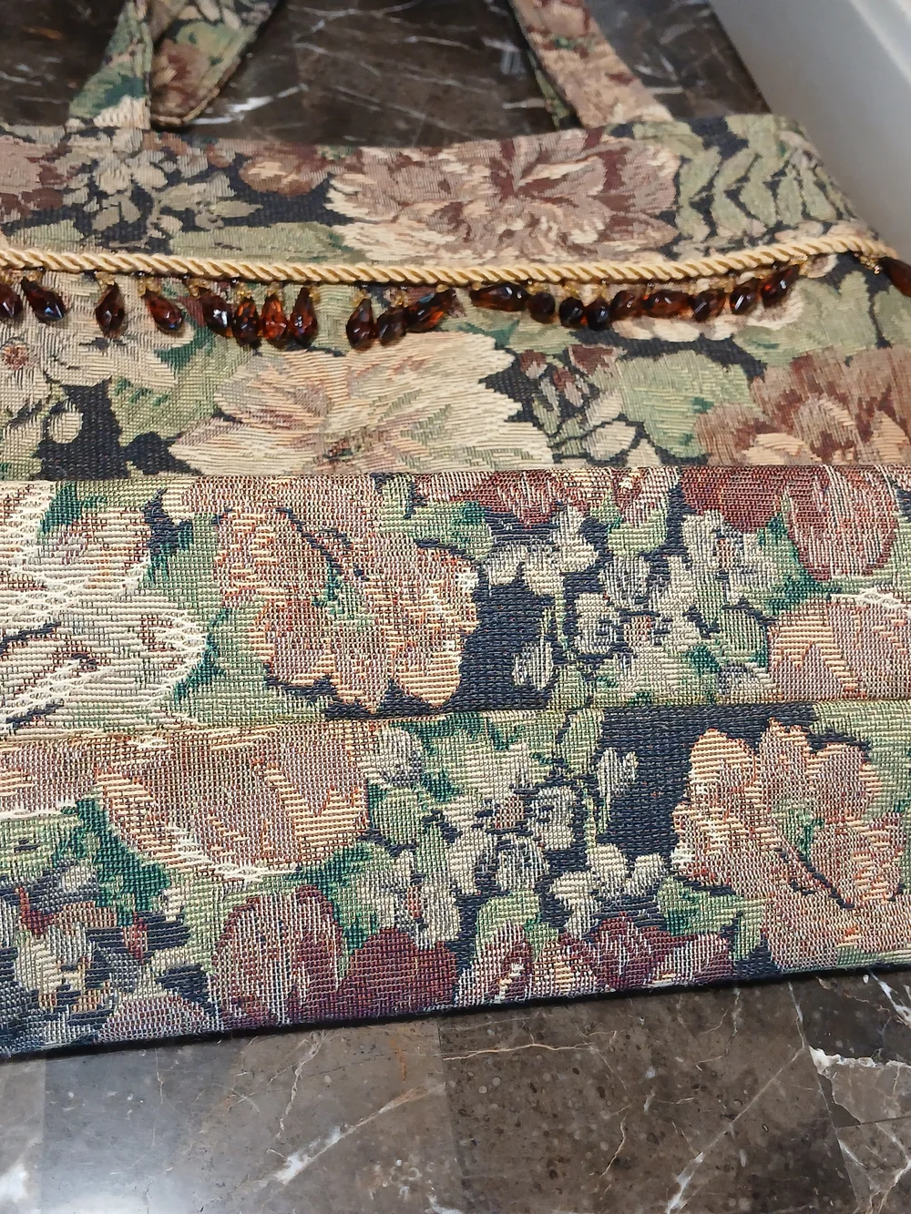 Floral Tapestry Beaded Shoulder Tote - Brown/Green